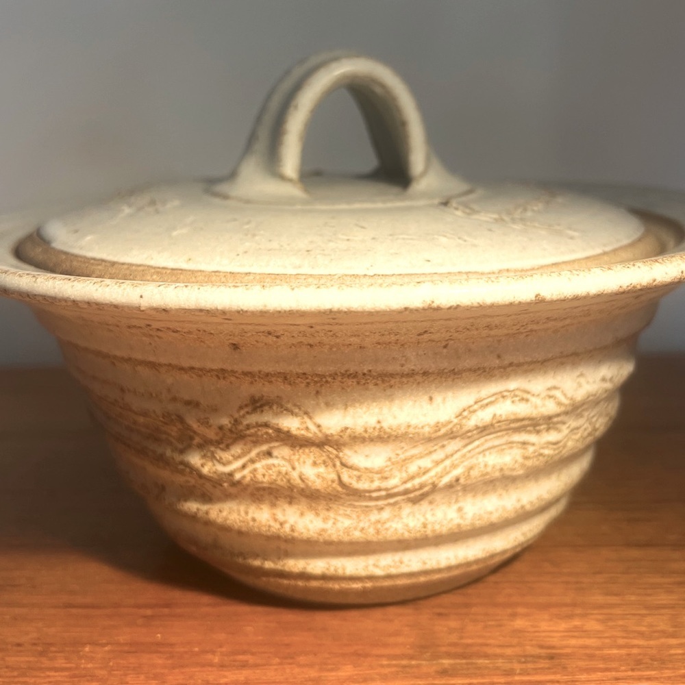 Handcrafted art pottery bowl with lid white glaze marked